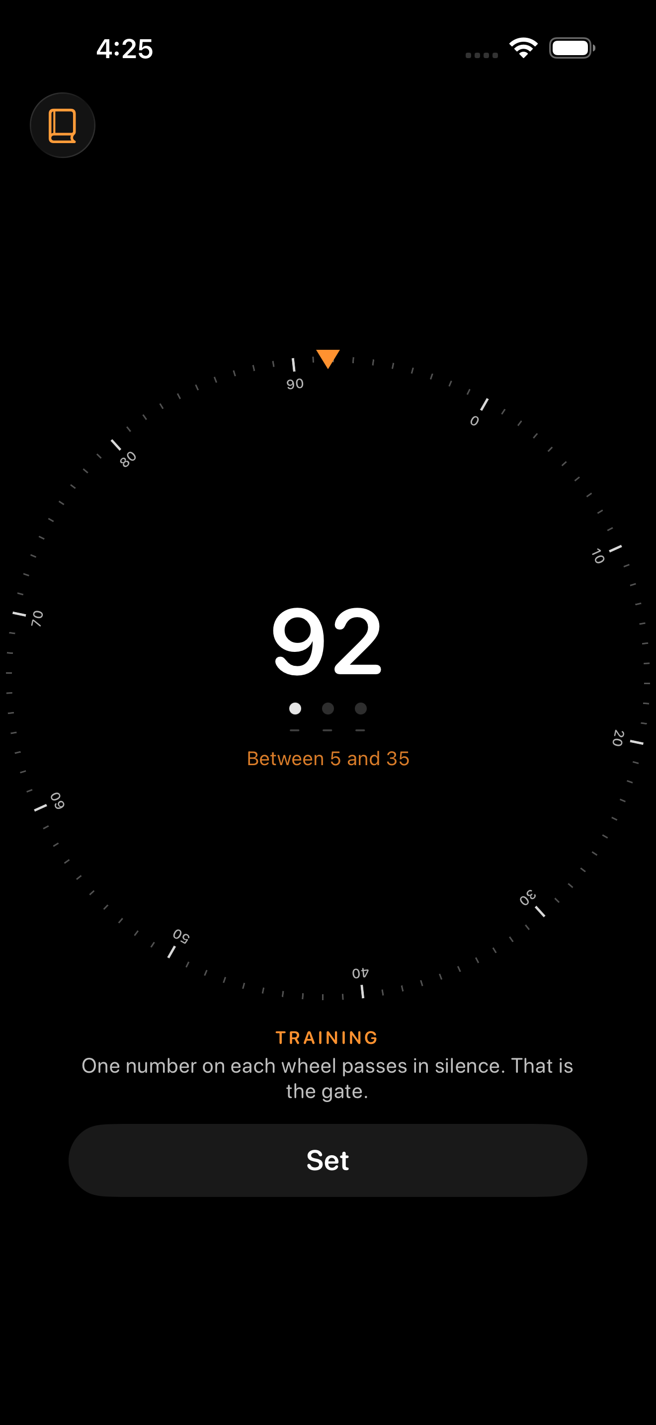 Three Tells dial screen showing the number 92 and training hint text